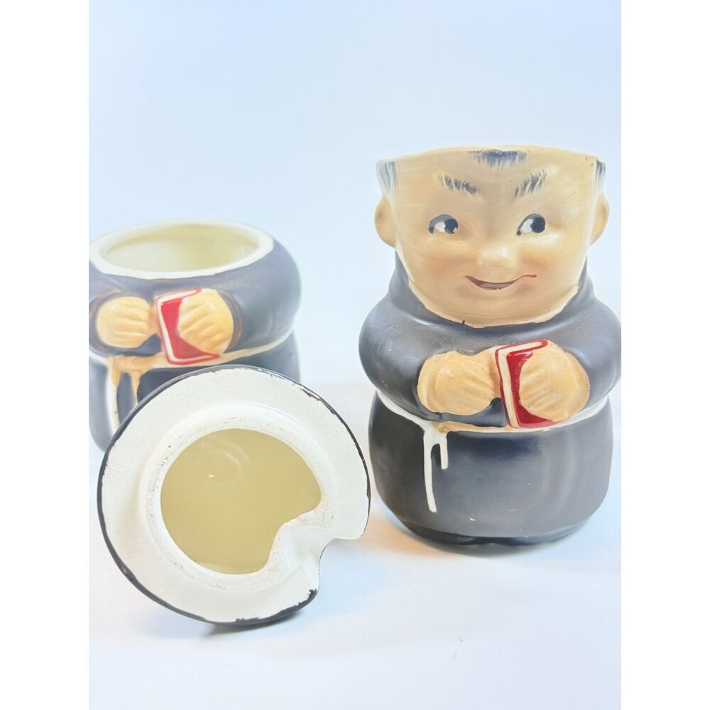 Creamer and Sugar Set Friar Tuck Monks Bowl Pitcher Porcelain Ceramic Apco Vinta - Picture 14 of 14